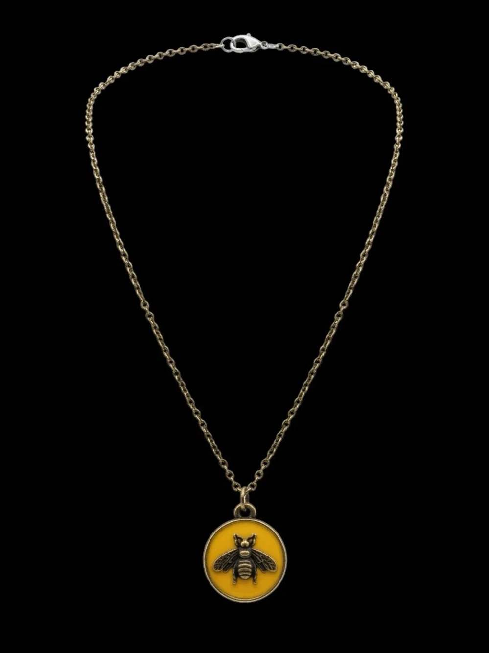 Brass-Tone Bee Pendant Necklace with Yellow Enamel Medallion